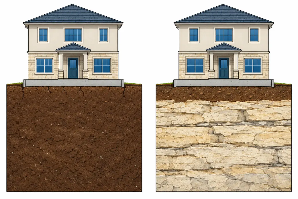 Cross-section of two houses on slabs, with thick clay under the left house and thin soil over pale limestone under the right