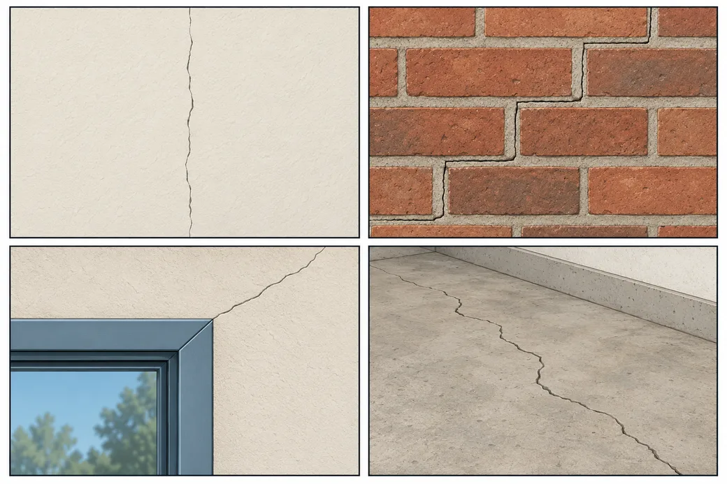 Four close-ups of cracks: a hairline crack in a painted wall, a stair-step crack in mortar, a diagonal crack from a window corner and a crack across a concrete floor